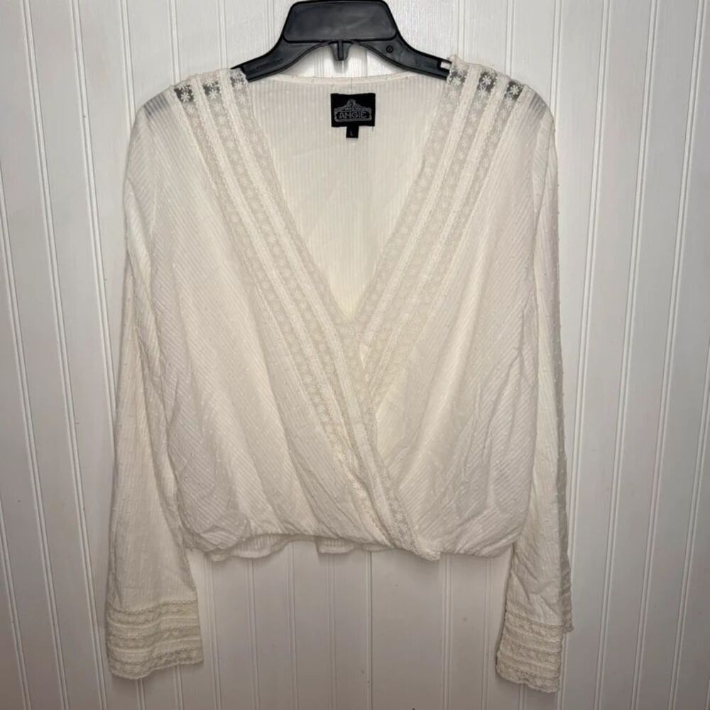 Angie Boho Blouse White 100% cotton sz L coastal flowy fairy bell sleeves crop